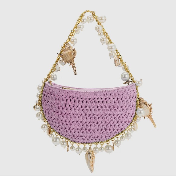 NWT Lavender Shell Straw Top Handle Bag | Pearl & Gold Vacation Must-have 🆕 - Picture 4 of 9